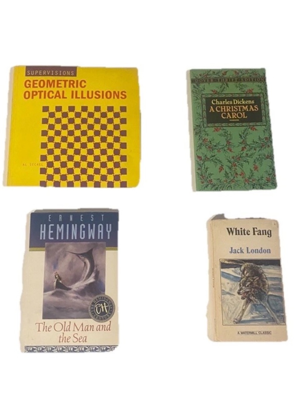 Dickens A Christmas Carol, Old Man & Sea, White Fang, Optical Illusions Books
